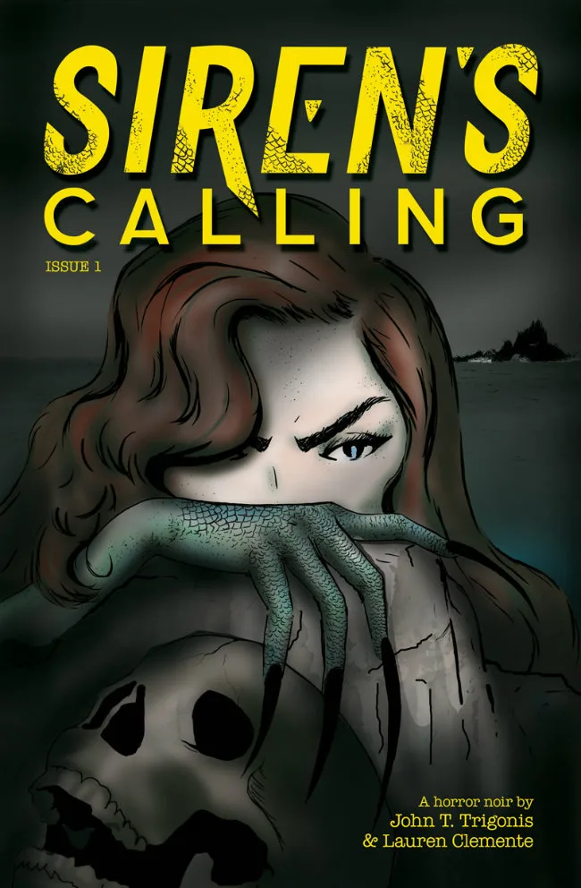 Cover of Siren’s Calling issue 1: a red-haired woman with a scaled, clawed hand peers over a rock beside a skull